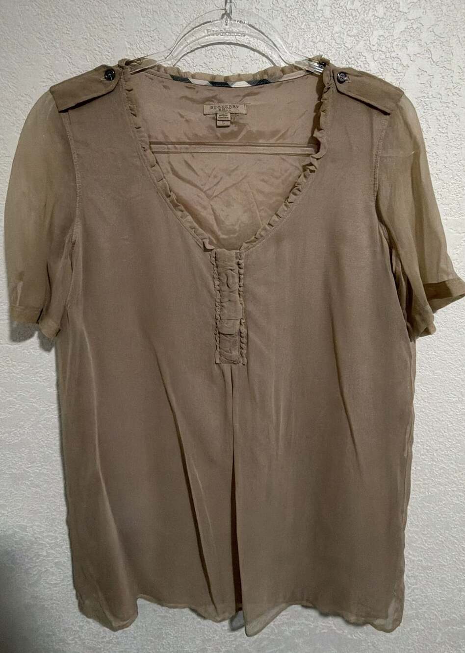 Burberry Brit Silk Blouse Size S Taupe Ruffle V-Neck